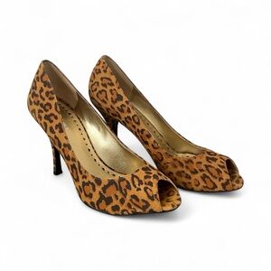 BCBG Leather Leopard Print Peep Toe Heels
